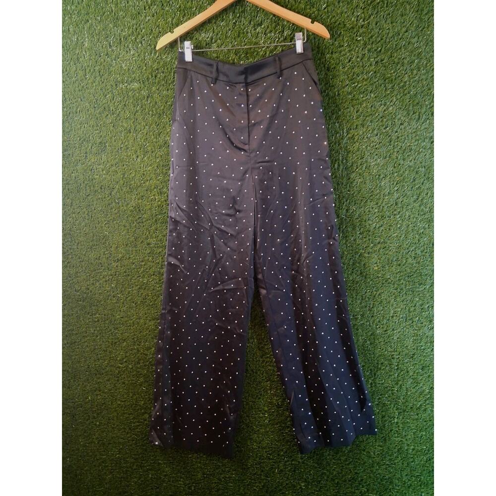 House of Harlow 1960 Black Satin Rhinestone Studded Wide Leg Pants - Size Medium